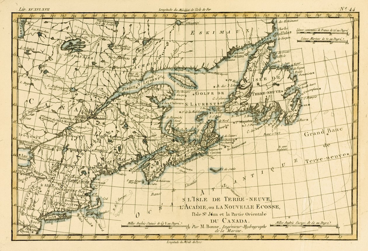 Östra Kanada, Newfoundland, Nova Scotia och St John Island, från Atlas of All the Known Parts of the Terrestrial Globe av Guillaume Raynal (1713-96), publicerad J L Pellet, Genève, 1780 (färgad sv av Charles Marie Rigobert Bonne