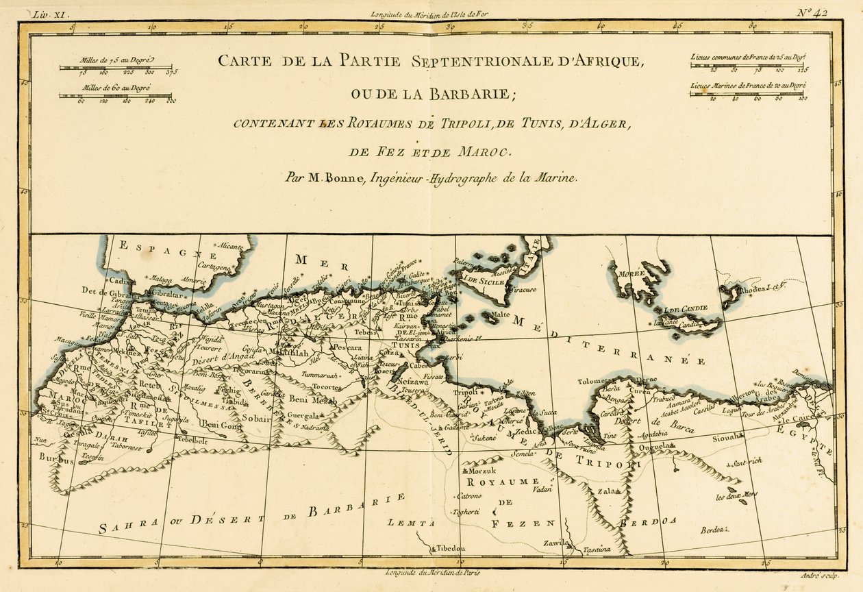 Nordafrika, inklusive kungadömena Tripoli, Tunis, Alger; Fez och Marocko, från Atlas of All the Known Parts of the Terrestrial Globe av Guillaume Raynal (1713-96) publicerad Genève, 1780 (färg av Charles Marie Rigobert Bonne