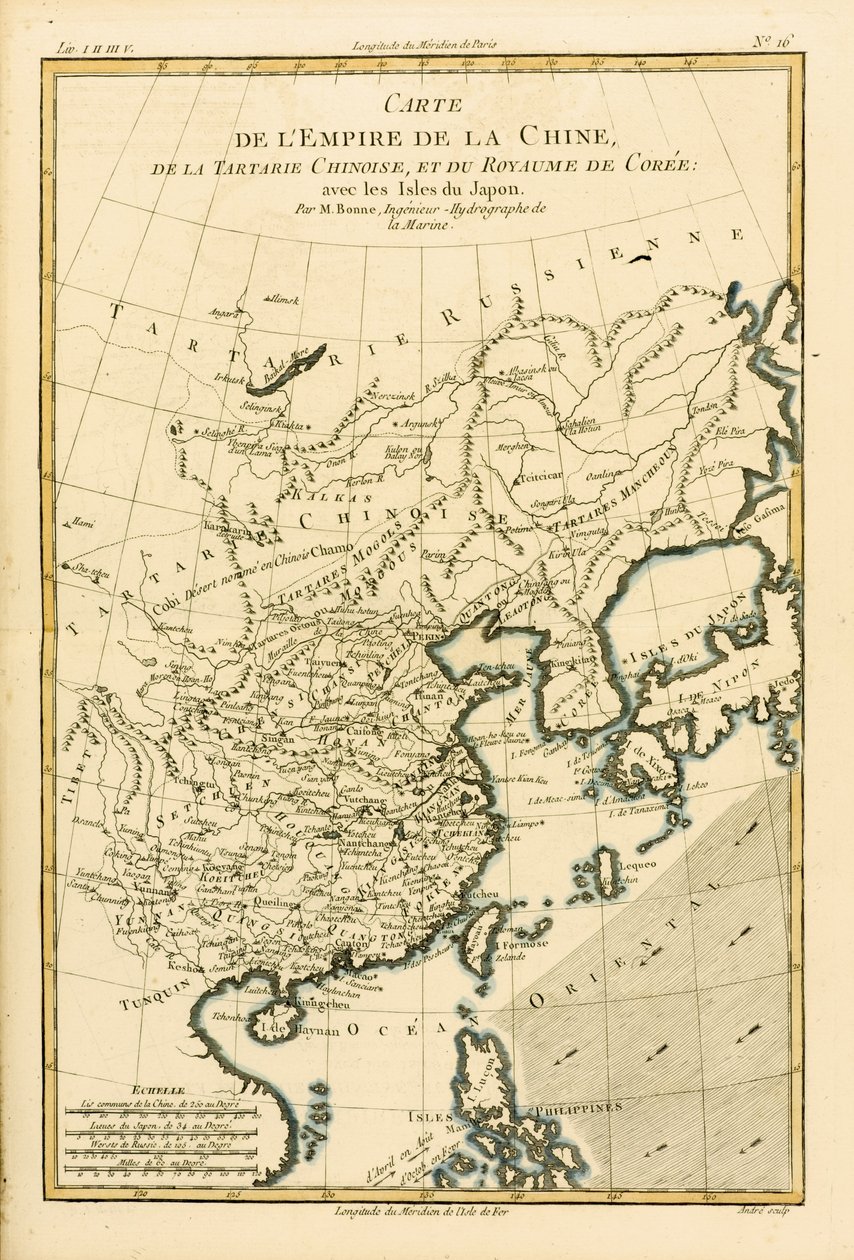 Det kinesiska imperiet, kinesiska tartaren och kungariket Korea, med öarna i Japan, från Atlas de Toutes les Parties Connues du Globe Terrestre av Guillaume Raynal (1713-96) publicerad 1780 (colou) av Charles Marie Rigobert Bonne