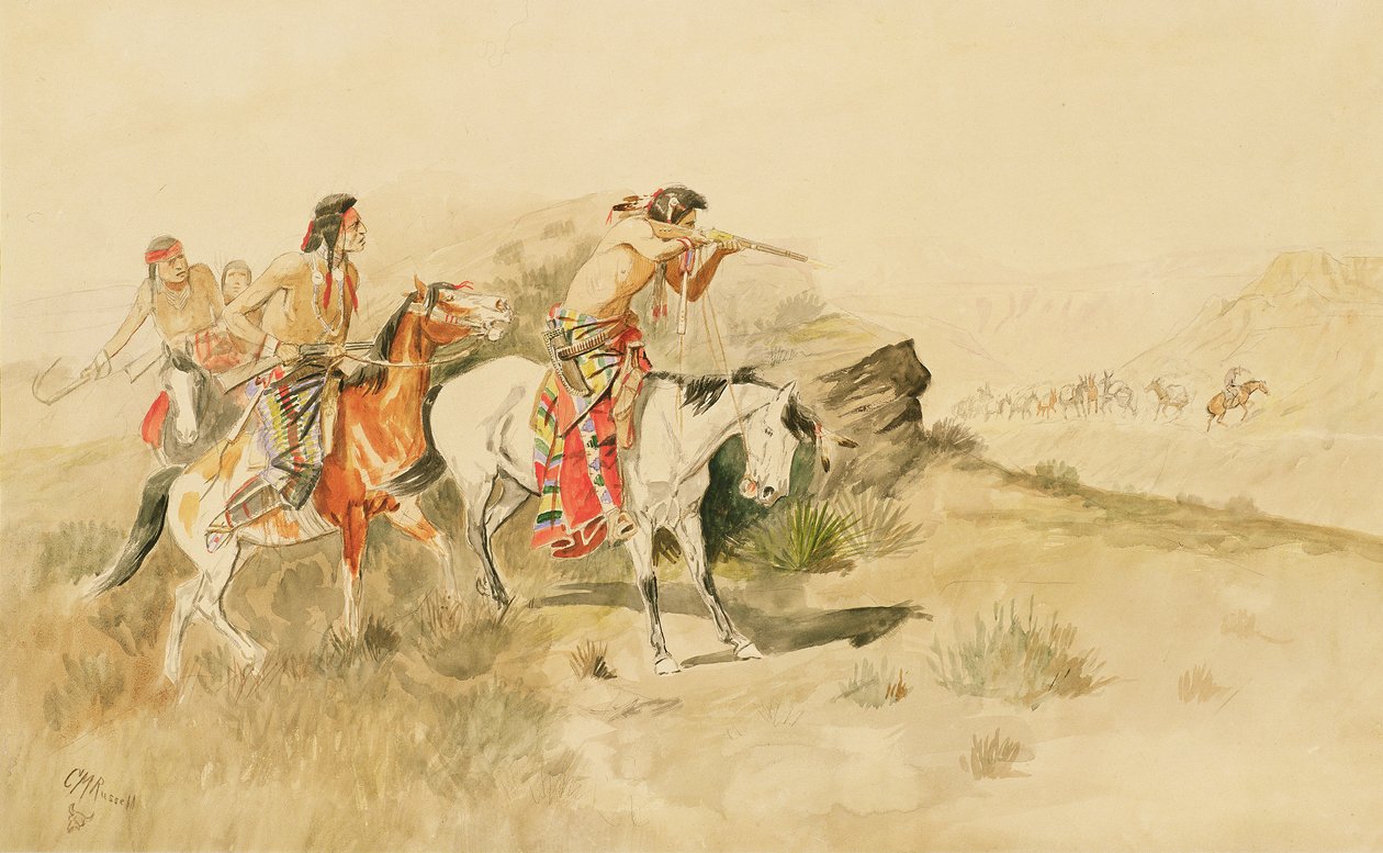 Attack on the Muleteers, c.1895 (penna & wc på papper) av Charles Marion Russell
