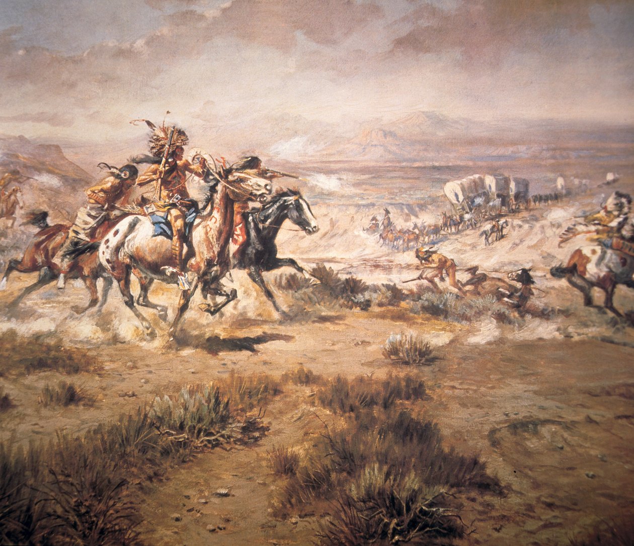 Attack på vagnståget av Charles Marion Russell
