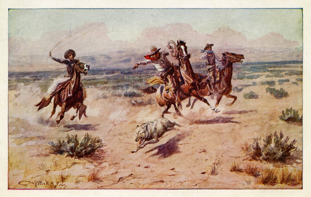 Cowboys som jagar en prärievarg av Charles Marion Russell