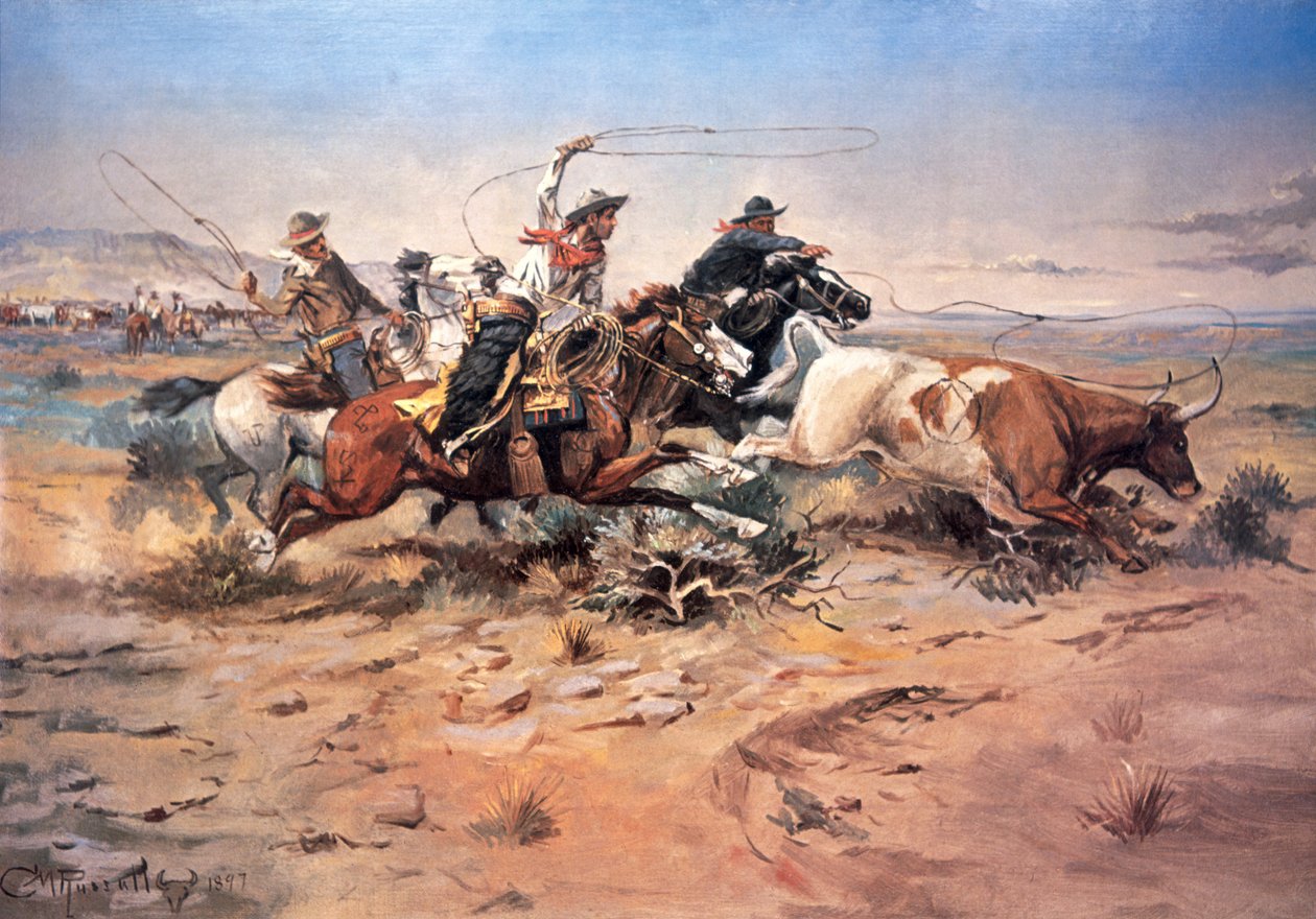 Cowboys som repar en stut av Charles Marion Russell