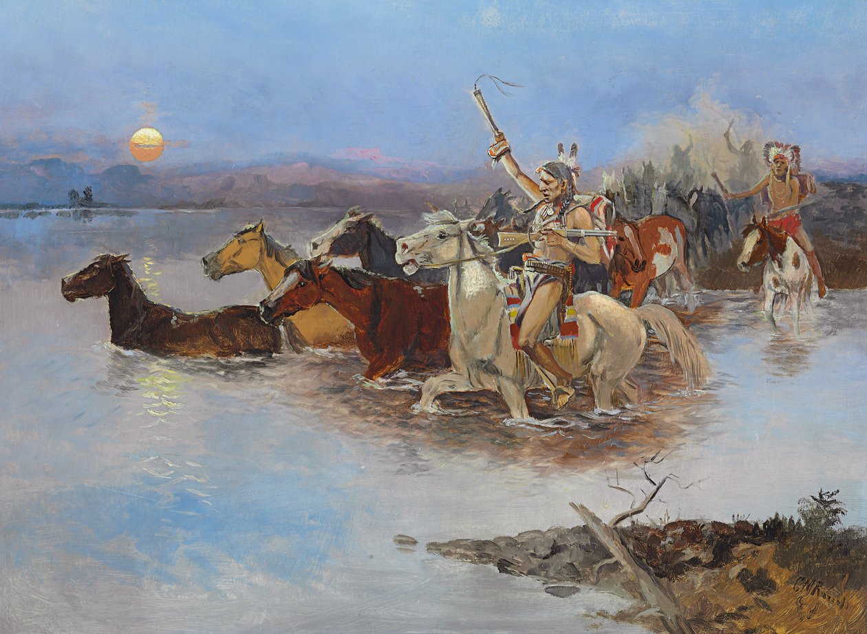 Korsar floden, ca 1895 av Charles Marion Russell