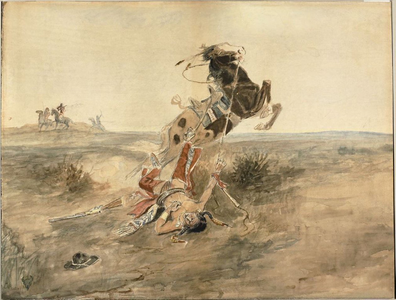 Fallen indiankrigare, ca 1886 (akvarell och grafit på krämfärgat vävt papper) av Charles Marion Russell