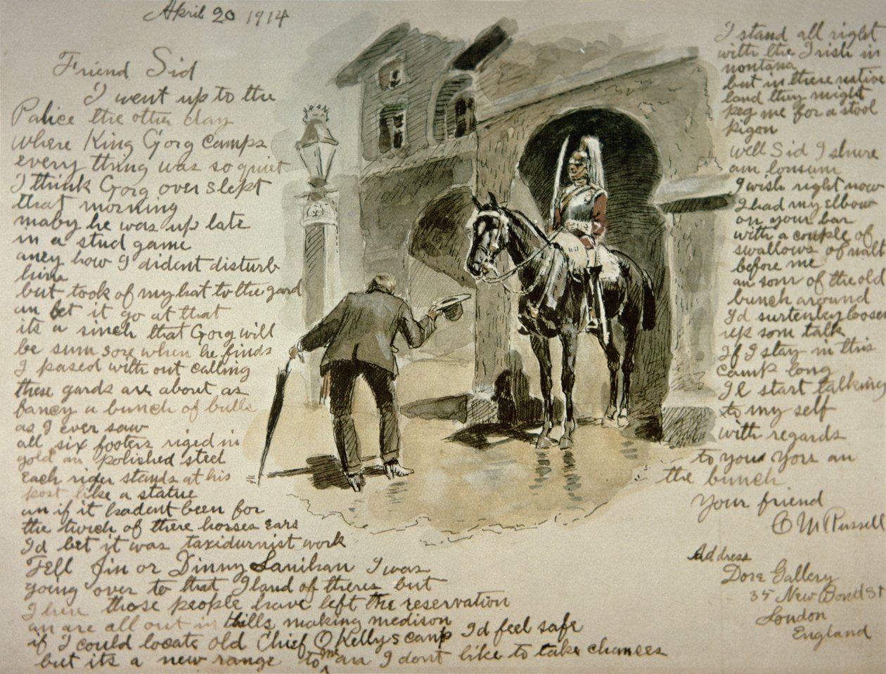 Illustrerat brev, 20 april 1914 (penna & bläck och tvätt på papper) av Charles Marion Russell