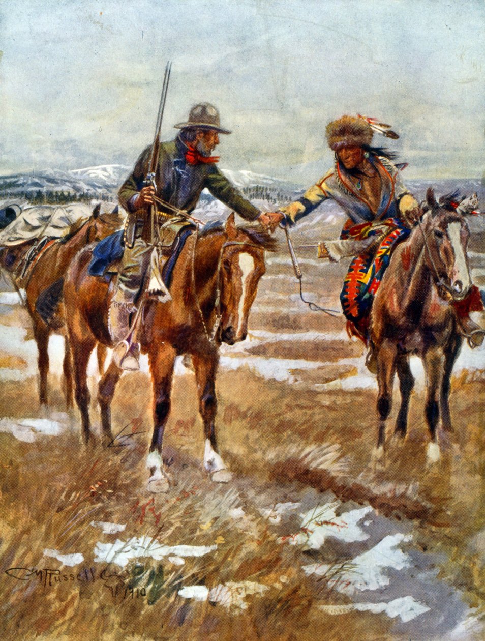 Mötet mellan amerikanska och indianmän som skakar hand på hästryggen av Charles Marion Russell
