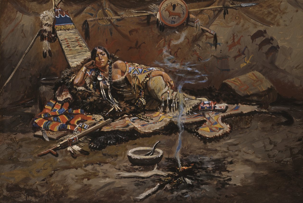 Waiting And Mad (olja ombord monterad på masonit) av Charles Marion Russell