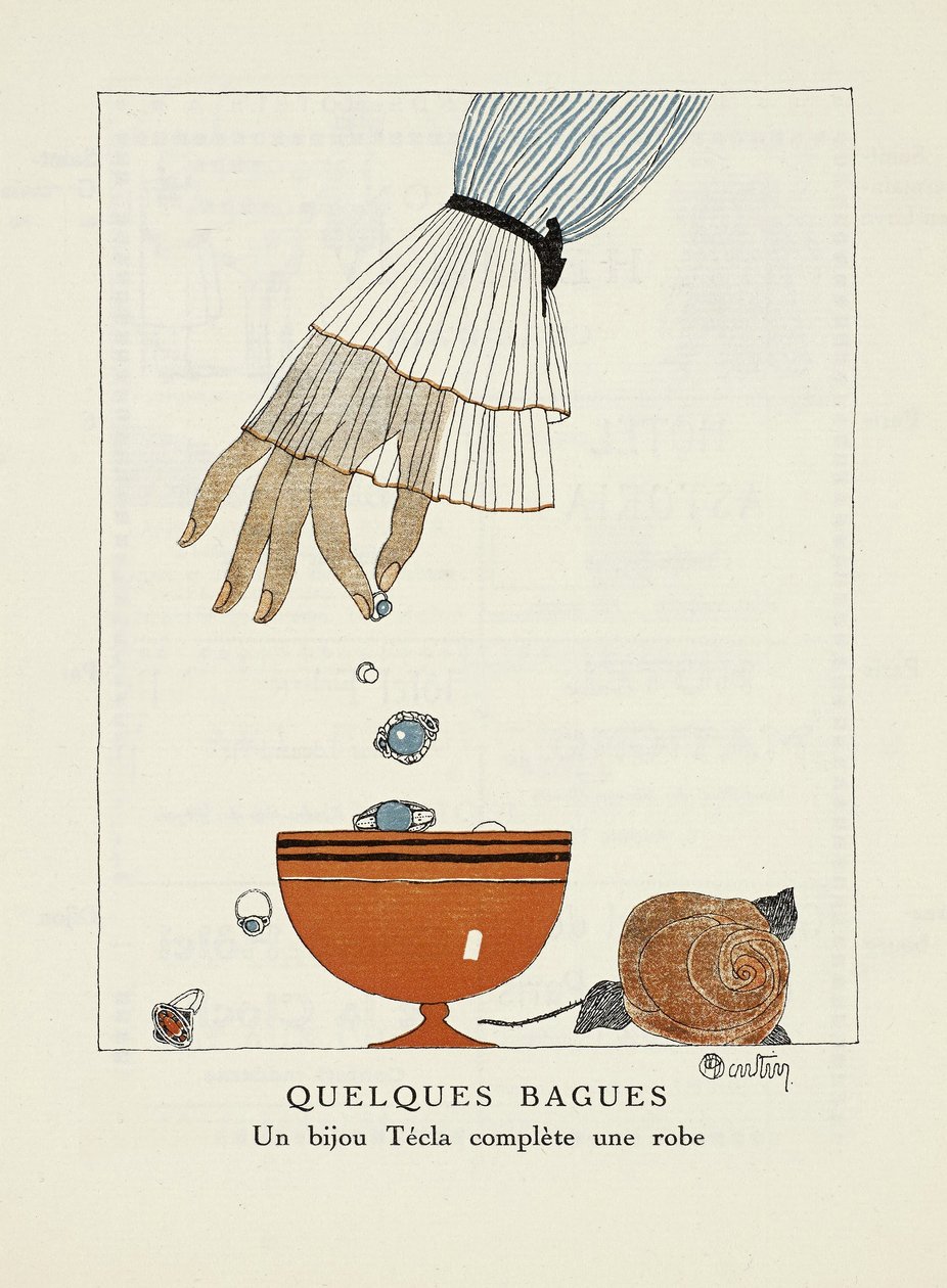 Annons för "Tecla", från Gazette de Bon Ton, pub. 1920 av Charles Martin