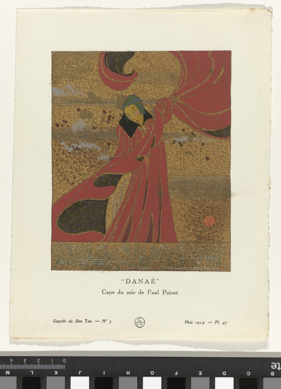 Gazette du Bon Ton, 1914 - nr 5, pl. 47: Danae / Evening Cape av Paul Poiret (titel på objektet) av Charles Martin