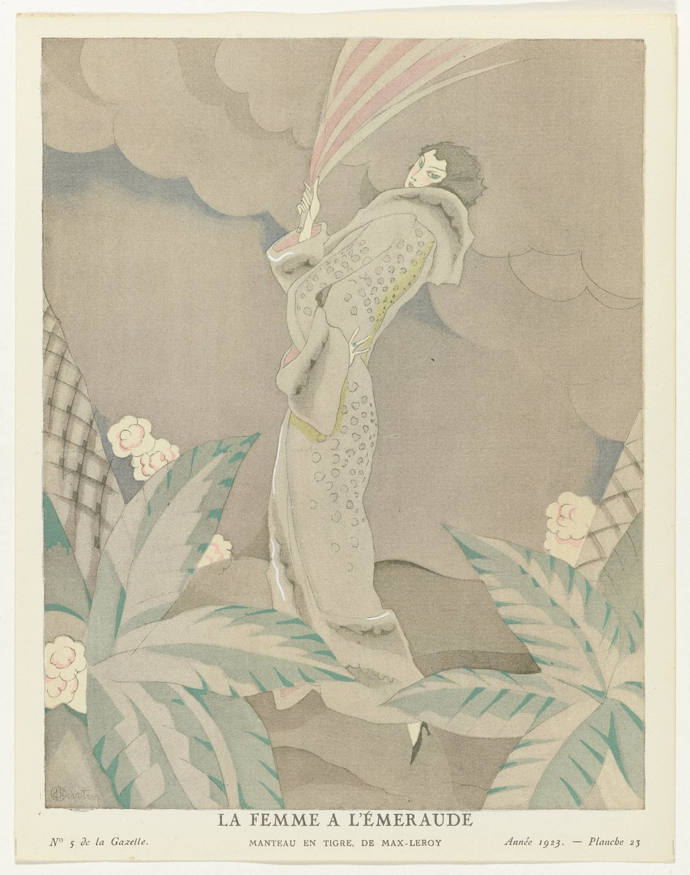 Gazette du Bon Ton 1923, nr 5, pl. 23: The Emerald Woman - Tiger coat, av Max-Leroy (titel på objektet) av Charles Martin
