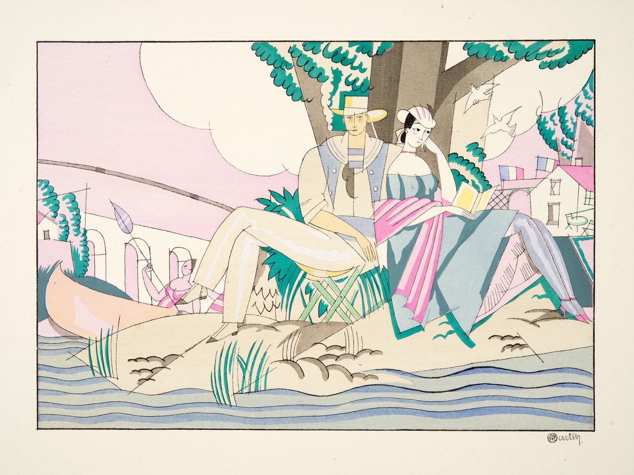 La Peche från Sports & Entertainment, pub. 1914 (stenciltryck) av Charles Martin