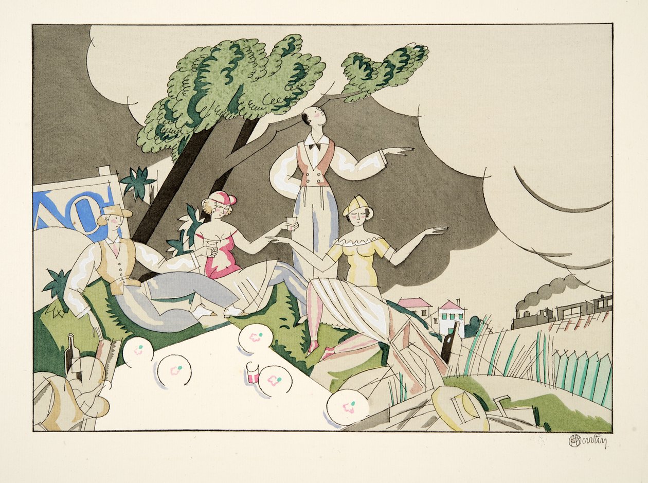 Picknick, från Sports & Entertainment, pub. 1914 (stenciltryck) av Charles Martin