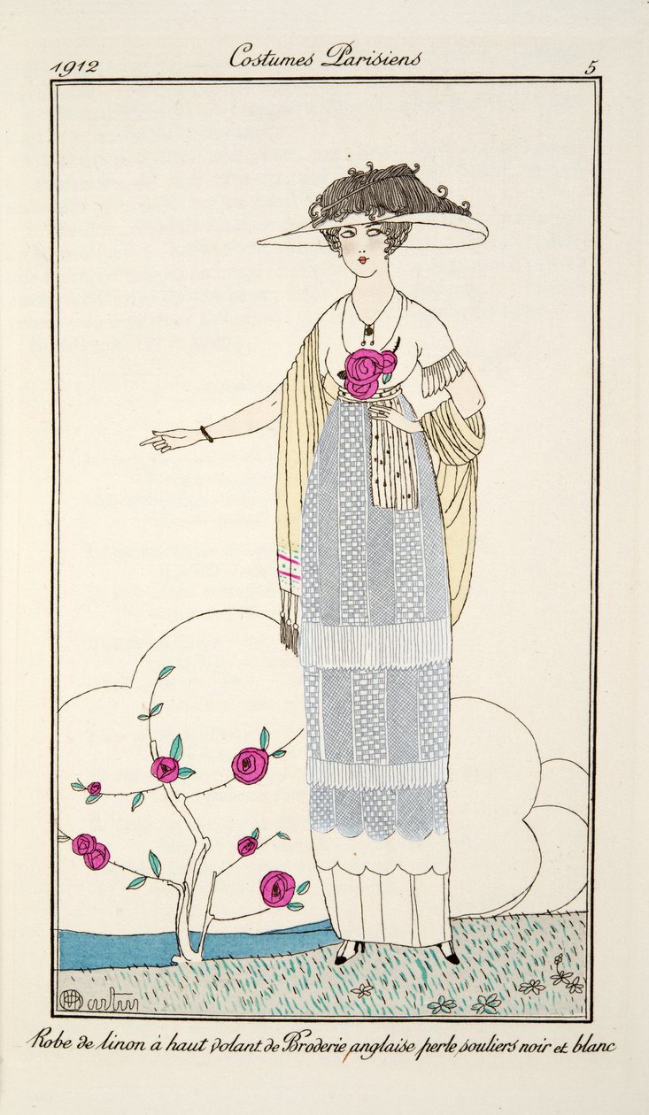 Gräsklänning med hög volang av Broderie Anglaise pärla svarta och vita skor, Plate 5, Costumes Parisiens publicerad i Journal des Dames et des Modes, 1912 (handfärgad gravyr) av Charles Martin