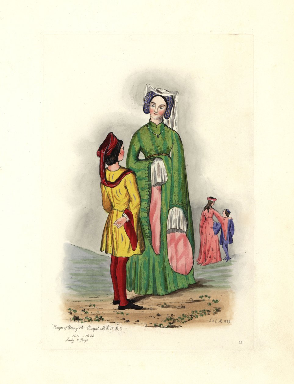 Typisk kvinnlig dräkt på Henry V:s tid, illustration från "Civil Costumes of England from the Conquest to the Present Days" av Charles Martin
