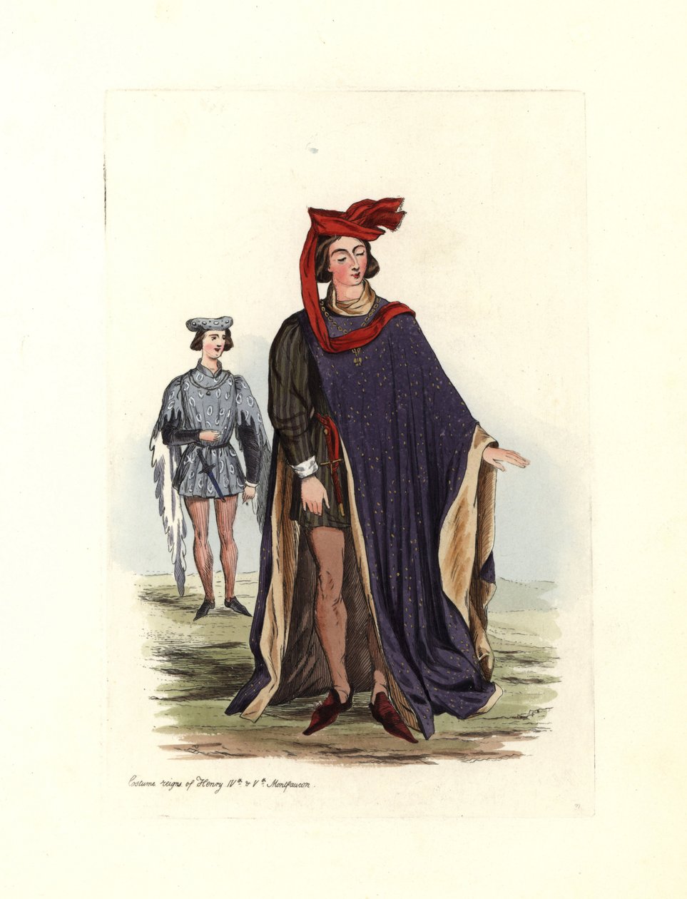 Typisk mansdräkt under kung Henrik IV och Henrik V, illustration från "Civil Costumes of England from the Conquest to the Present Day" av Charles Martin
