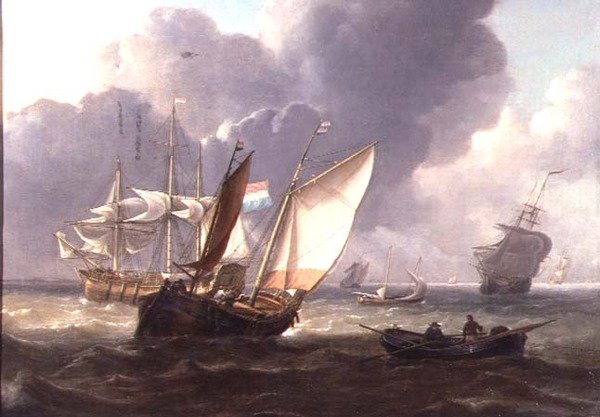 Holländska tremästare och små hantverk i en dyning av Charles Martin Powell