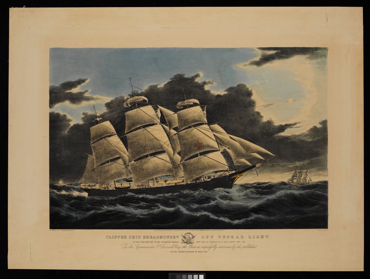 Clipperfartyget Dreadnought utanför Tuskar Light 12 1/2 dagar från New York på sin berömda färd in i dockan i Liverpool på 13 dagar och 11 timmar december 1854... (litografi, färglagd) av Charles & Mcfarlane Duncan (1818 1865) Parsons