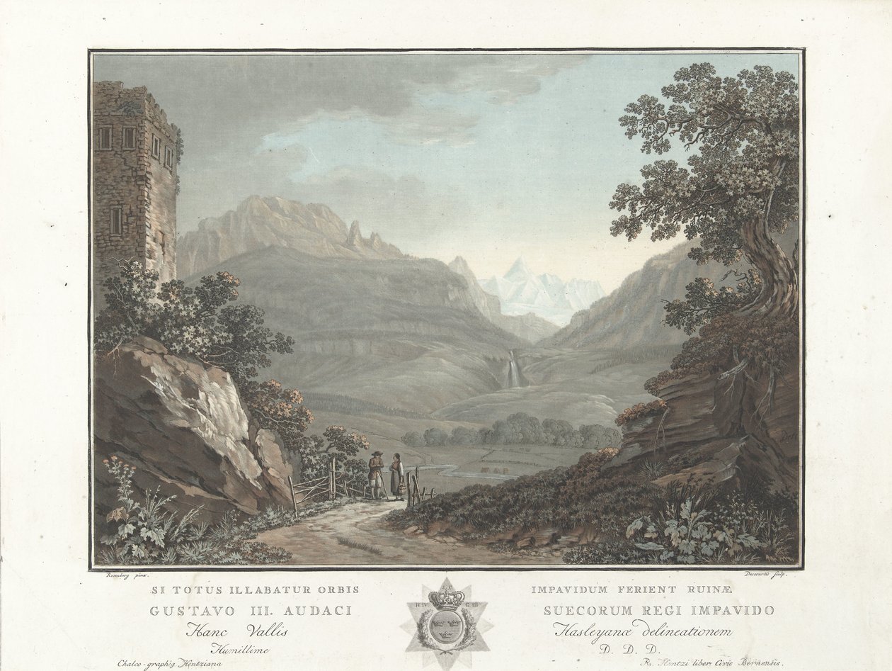 Berglandschap i Schweiz Utsikt över Oberhashi-dalen (titel på objekt) Anmärkningsvärd utsikt över bergen i Schweiz (serietitel) av Charles Melchior Descourtis