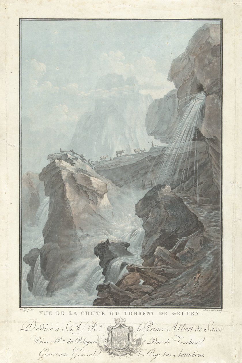 Utsikt över vattenfallet Gelten Utsikt över Chute du Torrent de Gelten (titel på objekt) Enastående utsikt över bergen i Schweiz (serietitel) av Charles Melchior Descourtis