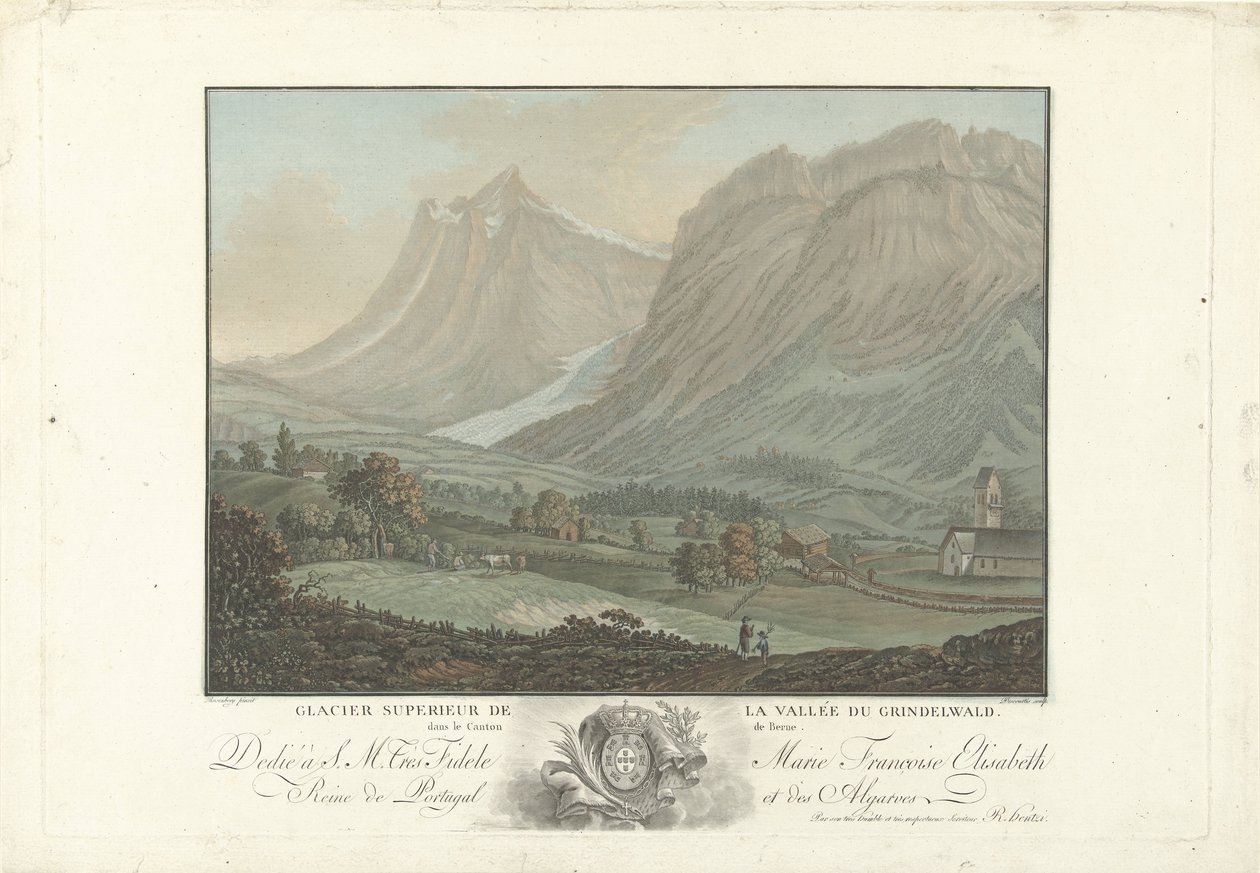 Gletsjer bij de valley van Grindelwald Övre glaciären i Grindelwalddalen i kantonen Bern (titel på objektet) Anmärkningsvärd utsikt över bergen i Schweiz (serietitel) av Charles Melchior Descourtis
