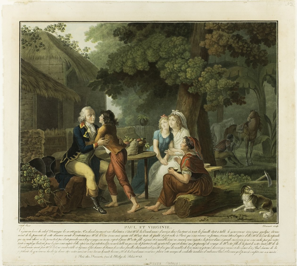 Monsieur de la Bourdonnais ankomst, plansch 3 från Paul et Virginie av Charles Melchior Descourtis