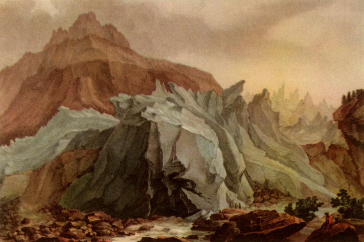 "Lütschinen utgående från Nedre Grindelwaldglaciären", 1782-1785, 1946. av Charles Melchior Descourtis