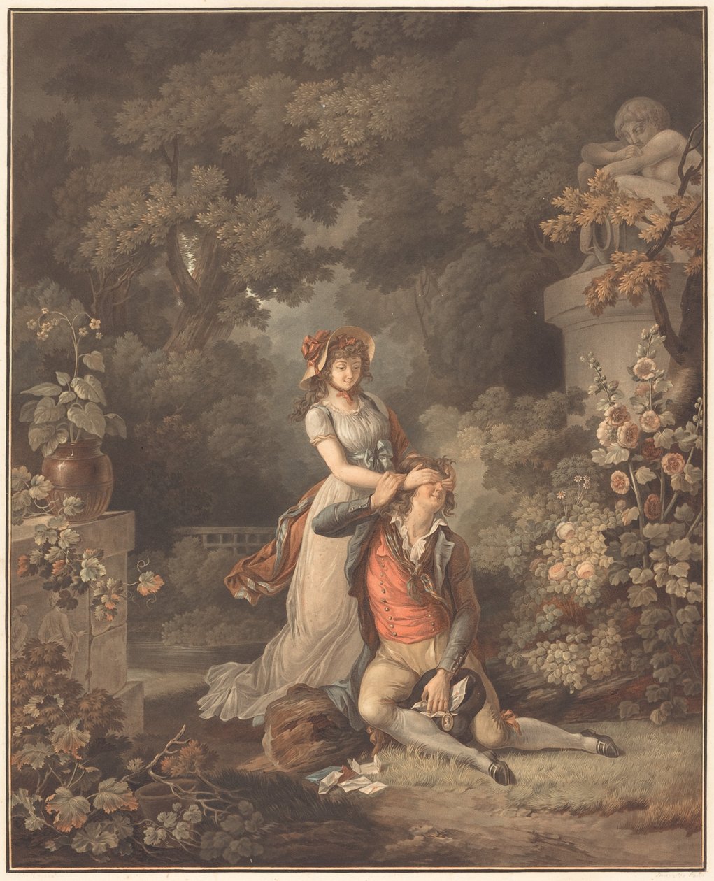 Den förvånade älskaren av Charles Melchior Descourtis after Jean Frederic Schall
