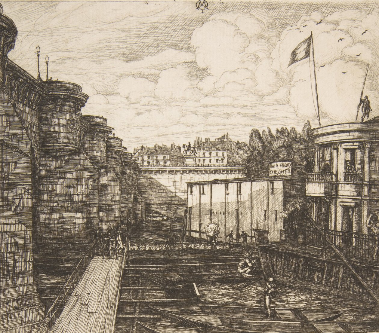 Bain-froid Chevrier Chevriers kallbadsanläggning, eller The School Baths, Paris, 1864. av Charles Meryon