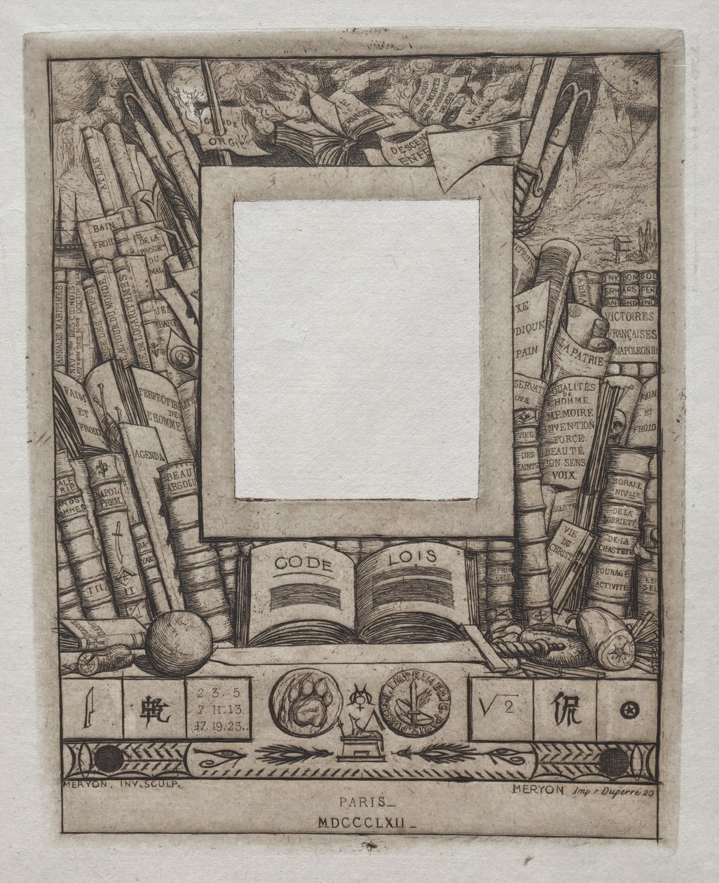 Design för en ram för porträttet av Armand Guéraud, 1862. av Charles Meryon