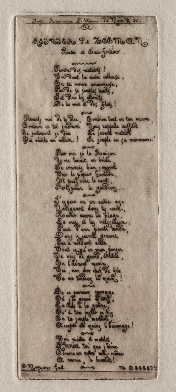 Etchings of Paris: Dedikation till Reynier Nooms, kallad Zeeman, 1854. av Charles Meryon