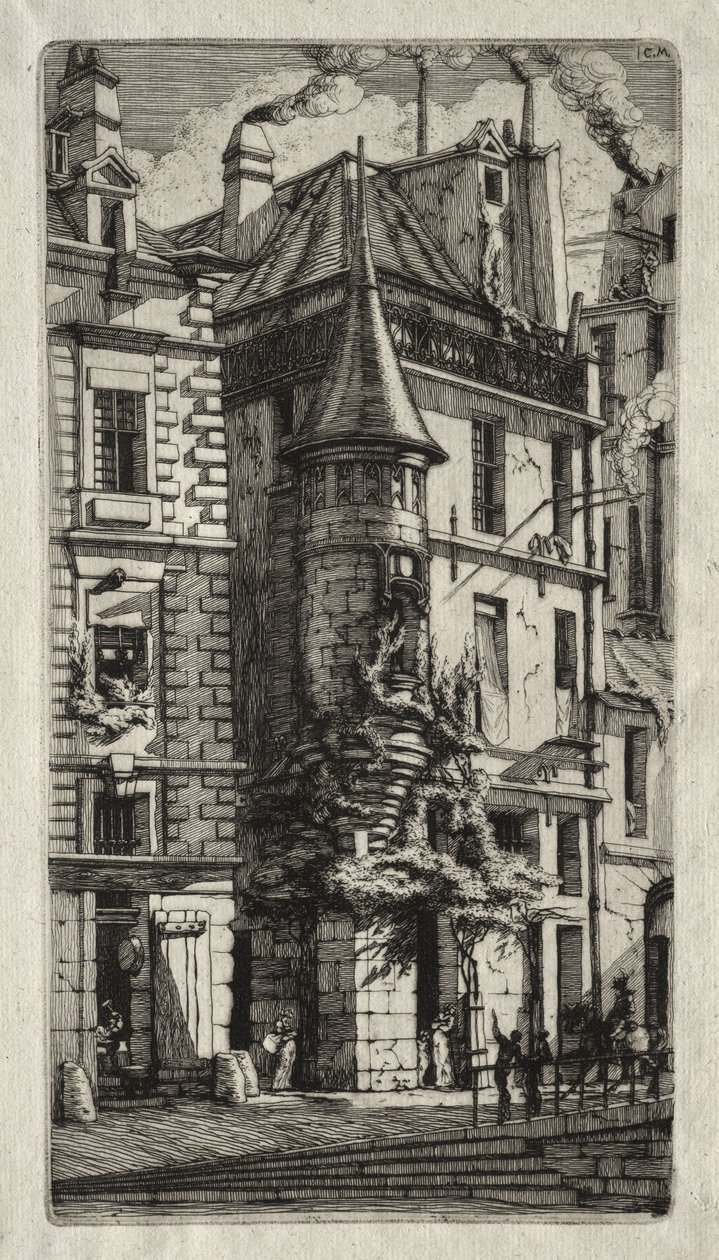 Etsningar från Paris:  Hus med torn, Vävarnas gata av Charles Meryon