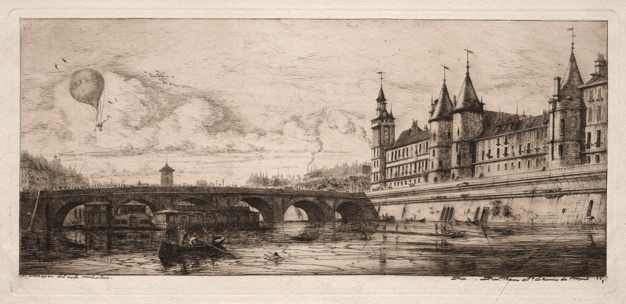 Etsningar av Paris: Exchange Bridge av Charles Meryon