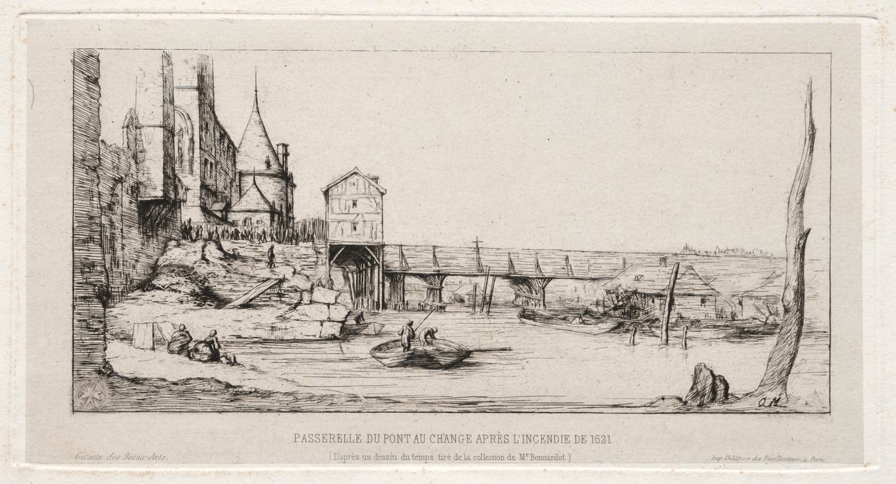 Gångbro som tillfälligt ersätter Exchange Bridge, Paris, efter branden 1621 av Charles Meryon