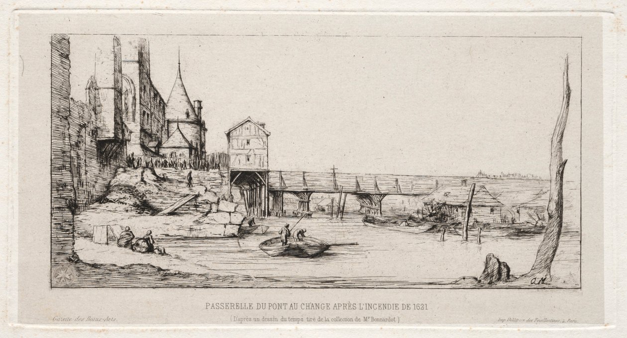 Gångbro som tillfälligt ersätter Exchange Bridge, Paris, efter branden 1621, 1860. av Charles Meryon