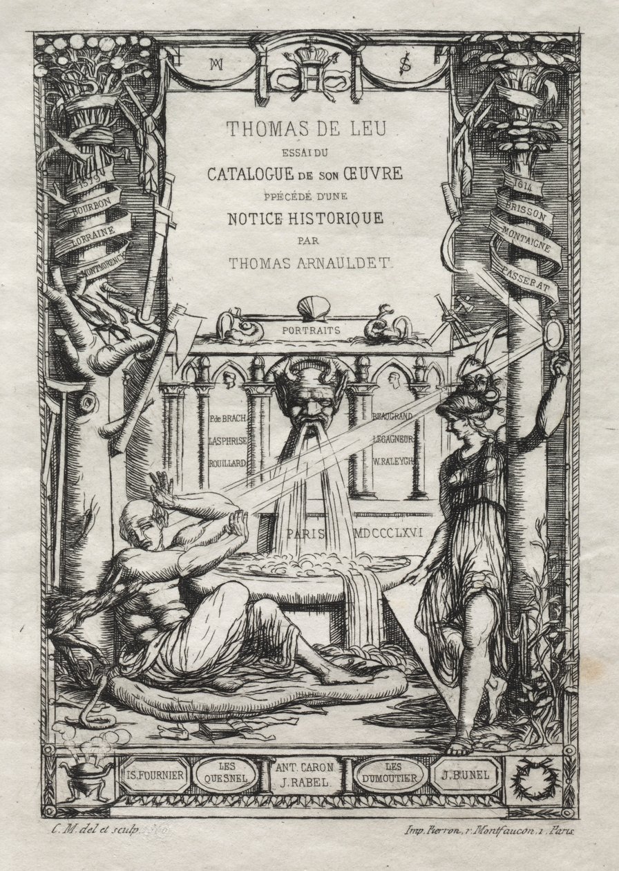 Frontispice för en katalog över gravyrerna av Thomas de Leu, 1866. av Charles Meryon