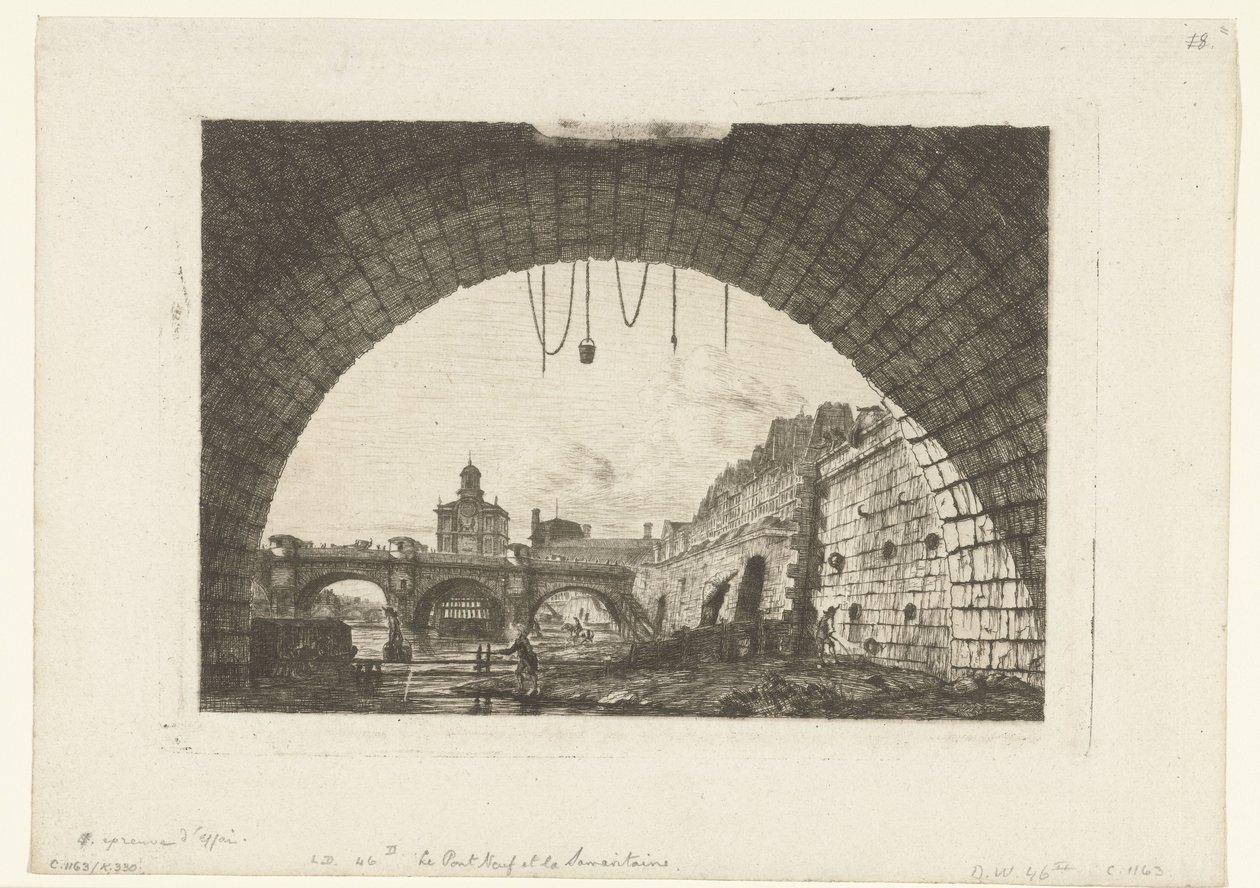 Se över Pont-Neuf under boog Pont-au-Change i Paris Pont Neuf och Samaritaine från under den första bågen av Pont au Change av Charles Meryon