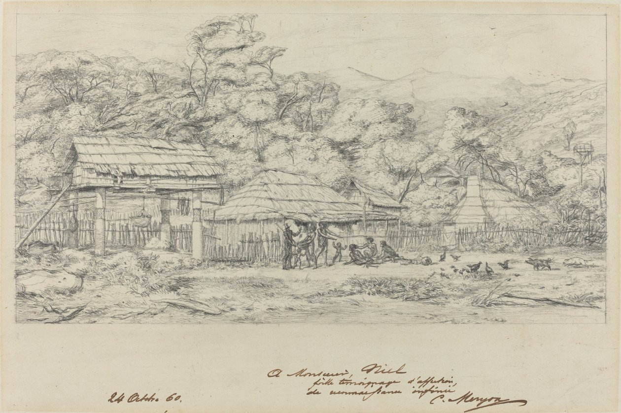Inhemska spannmålsmagasin och bostäder på Akaroa, Banks Island av Charles Meryon