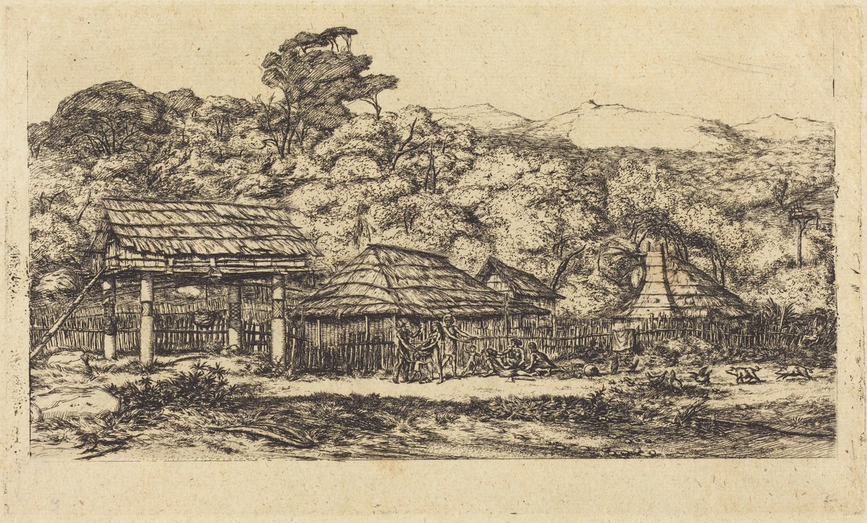Inhemska lador och hyddor i Akaroa, Banks-halvön, 1845 av Charles Meryon