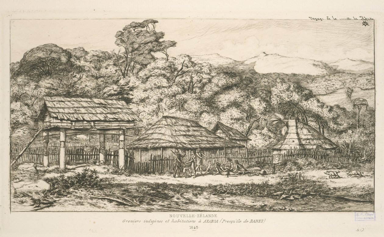 Inhemska spannmålsmagasin och bostäder på Akaroa, Banks Peninsula, illustration från "Etchings of the Pacific" av Charles Meryon