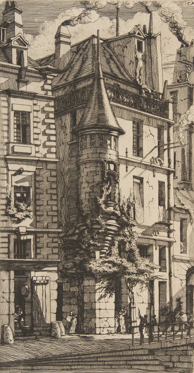 Hus med ett torn, rue de la Tixéranderie, Paris, 1852. av Charles Meryon