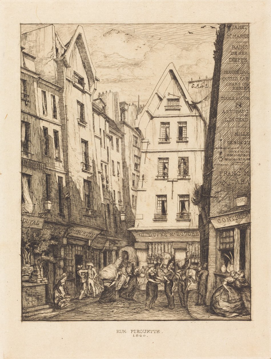 Rue Pirouette vid marknadsplatserna, Paris (Pirouette Street, nära marknadsplatserna, Paris) av Charles Meryon