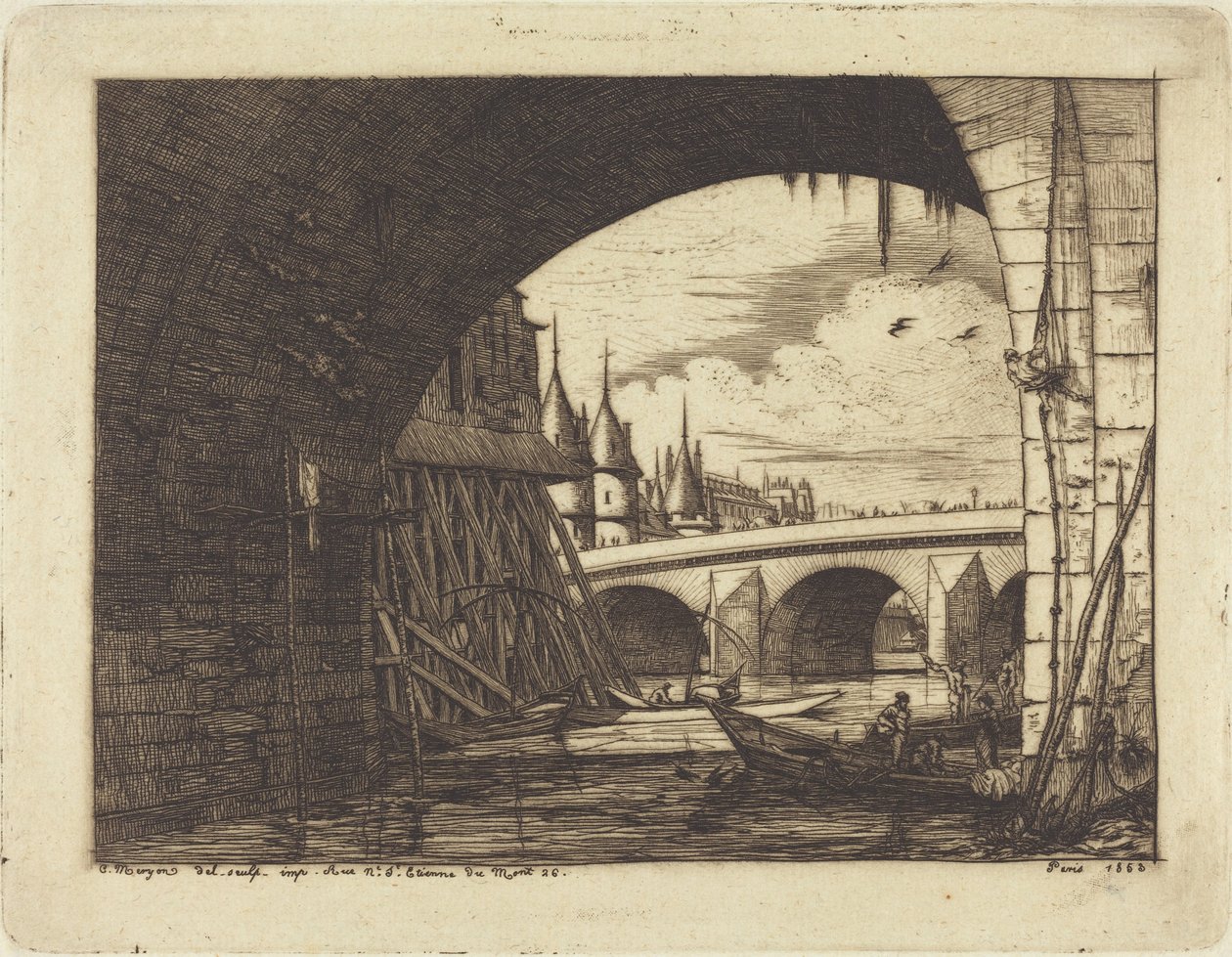 Bågen på Notre-Dame-bron, Paris (En båge på Notre-Dame-bron, Paris) av Charles Meryon