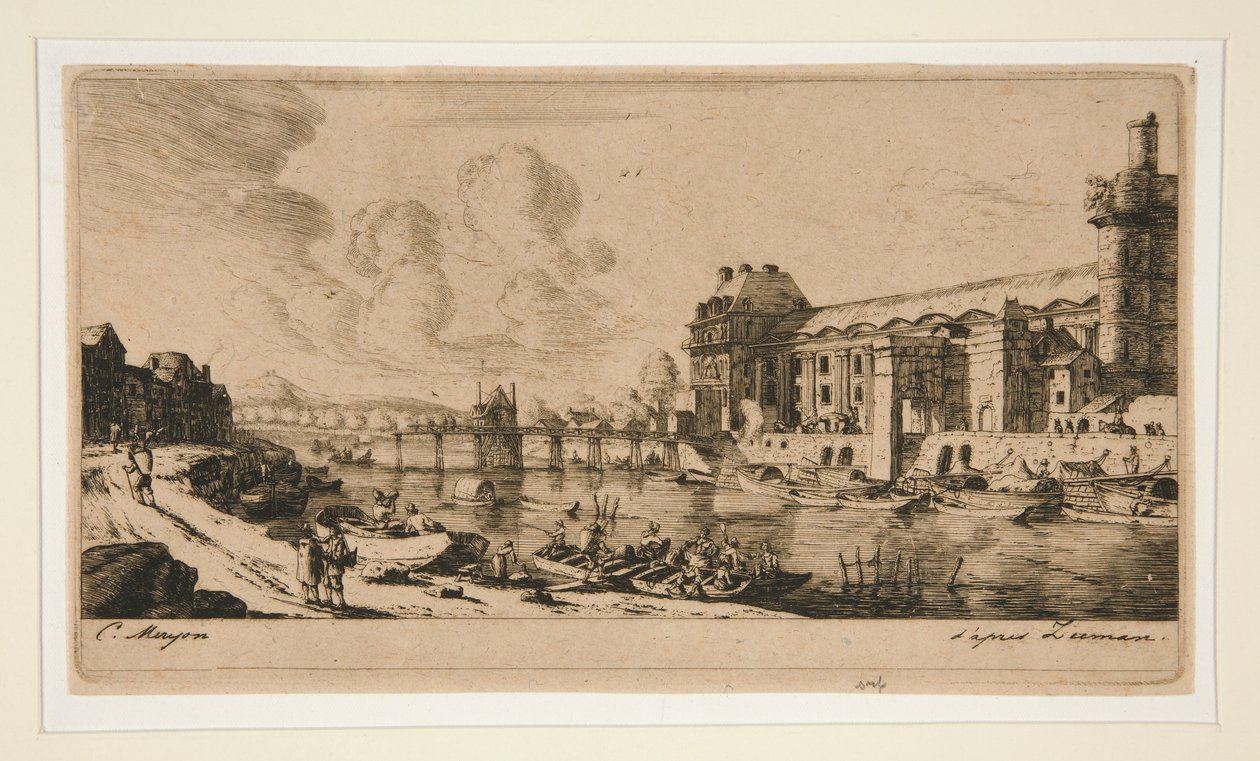 Pavillon de Mademoiselle och en del av Louvren [The av Charles Meryon