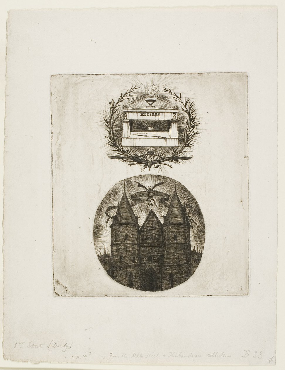 Molières grav, Père-Lachaise-kyrkogården, Paris och den gamla porten till Palais de Justice, Paris av Charles Meryon