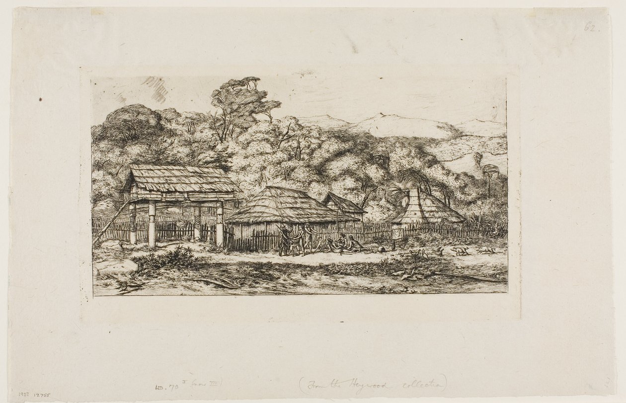 Infödingarnas baracker och hyddor i Akaroa, Banks halvö, 1845 av Charles Meryon