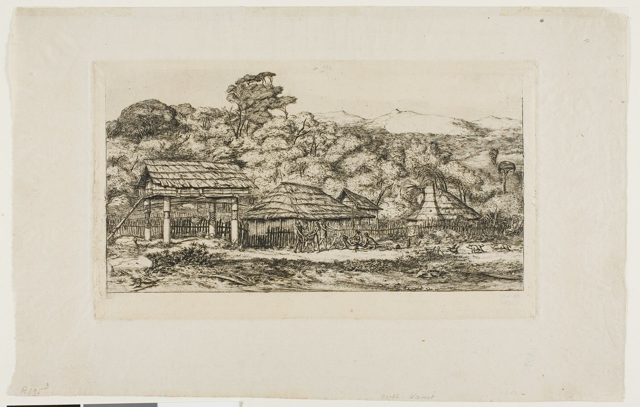 Infödingarnas baracker och hyddor i Akaroa, Banks halvö, 1845 av Charles Meryon