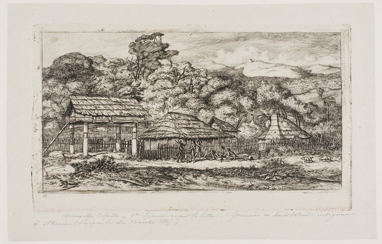 Infödingarnas baracker och hyddor i Akaroa, Banks halvö, 1845 av Charles Meryon