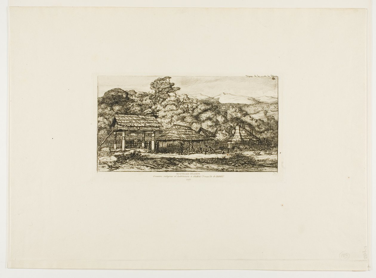 Infödingarnas baracker och hyddor i Akaroa, Banks halvö, 1845 av Charles Meryon