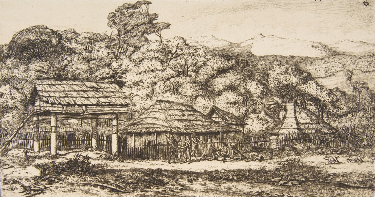 Inhemska lador och hyddor på Akaroa, Banks Peninsula, 1845, 1860. av Charles Meryon